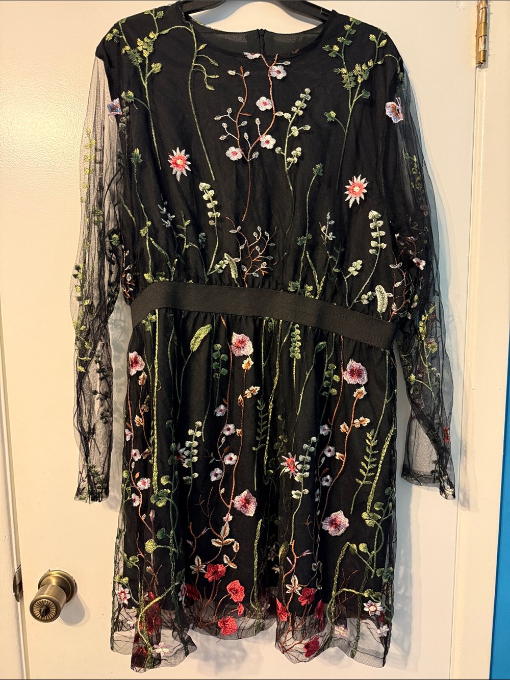 Black Floral Embroidered Mesh Long-Sleeve Dress